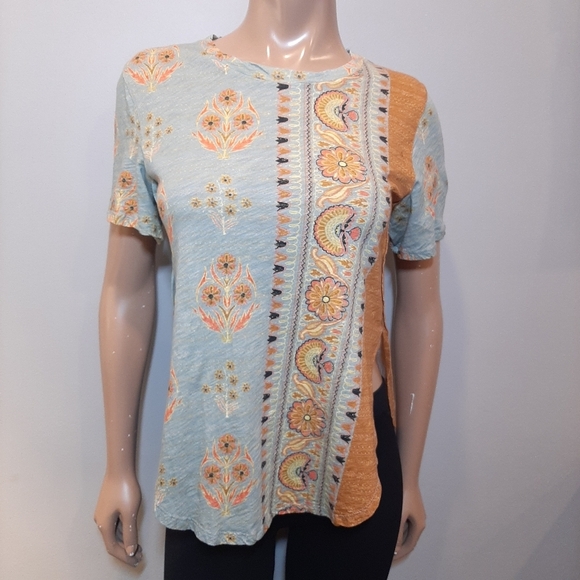 💠Anthropologie POSTMARK Paisley Top Boho Patchwork Short Sleeve Tshirt Size XS - Picture 3 of 13